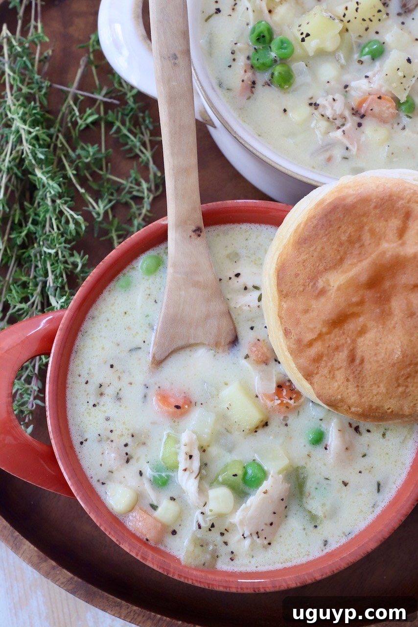 Creamy chicken pot pie soup in bowls, topped with a golden biscuit