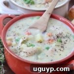 chicken pot pie soup in bowl with spoon