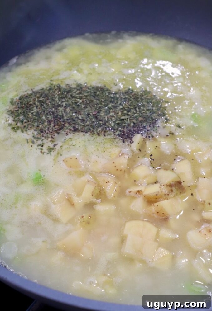 Diced Yukon gold potatoes and aromatic spices added to simmering chicken broth in a large skillet
