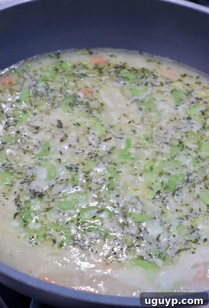 Creamy, seasoned chicken broth with tender diced vegetables simmering in a large pot