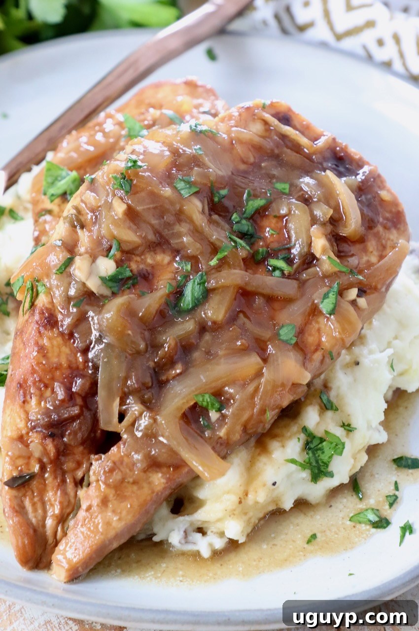 cooked chicken breasts with caramelized onion gravy on top of mashed potatoes on plate