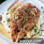 cooked french onion chicken breasts on plate with mashed potatoes