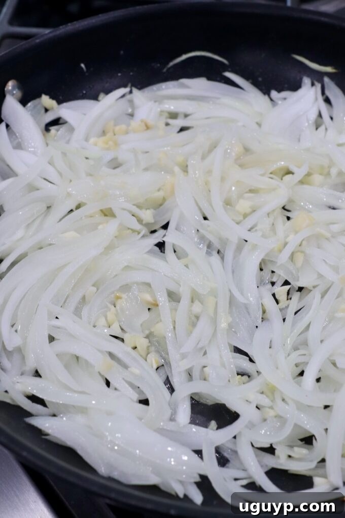 sliced onions and garlic in skillet