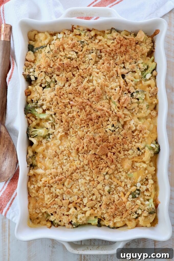 baked broccoli mac and cheese in casserole dish