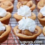 Mini apple pies on a wire rack topped with whipped cream, ready for serving.