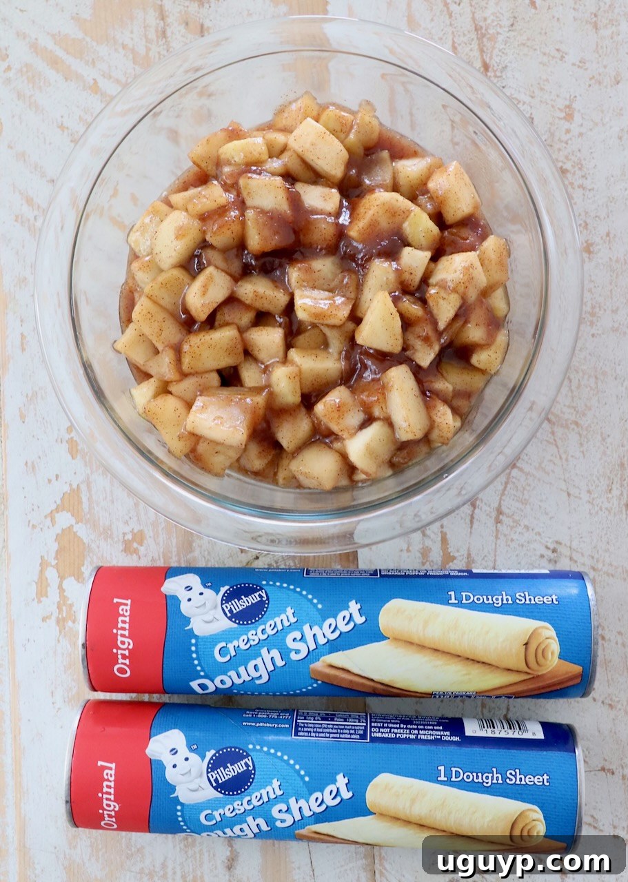 The two essential ingredients for mini apple pies: a can of crescent roll dough and a can of apple pie filling, neatly arranged on a kitchen surface.