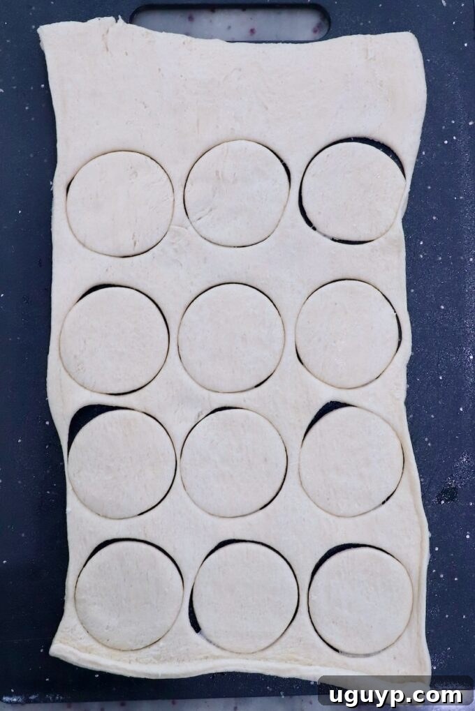 A sheet of crescent roll dough carefully cut into twelve perfect 3-inch rounds using a cookie cutter, ready for the muffin tin.
