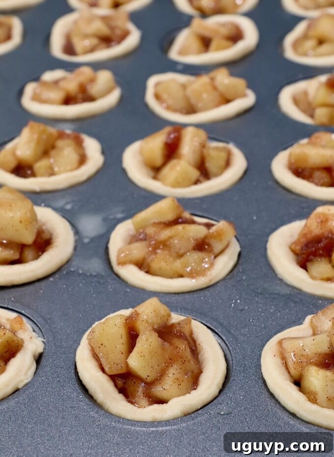 Unbaked mini apple pies in a mini muffin tin, filled with diced apple pie filling and ready for the oven.