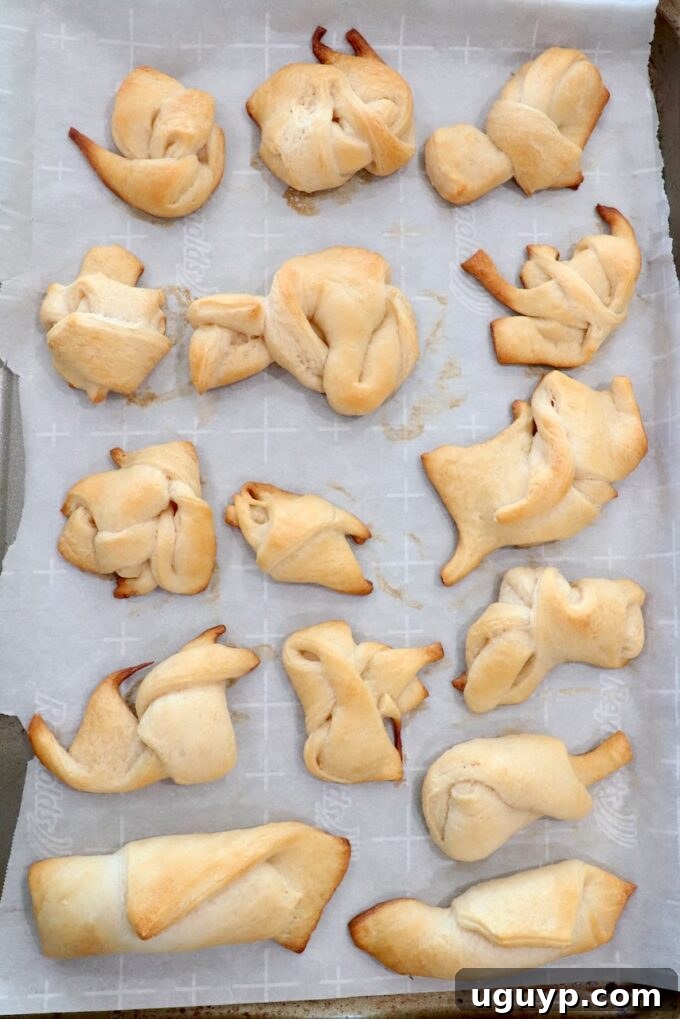 Golden brown, baked crescent roll dough scraps tied into knots, resting on a parchment-lined baking sheet, showcasing a delicious way to use leftovers.