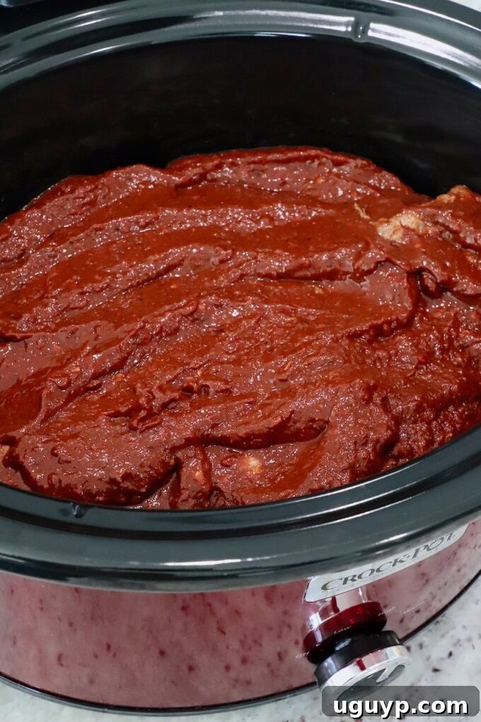 beef covered in tomato chili sauce in a crock pot for slow cooking birria
