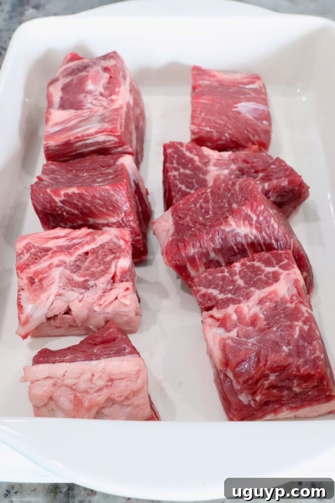 chunks of beef in large casserole dish
