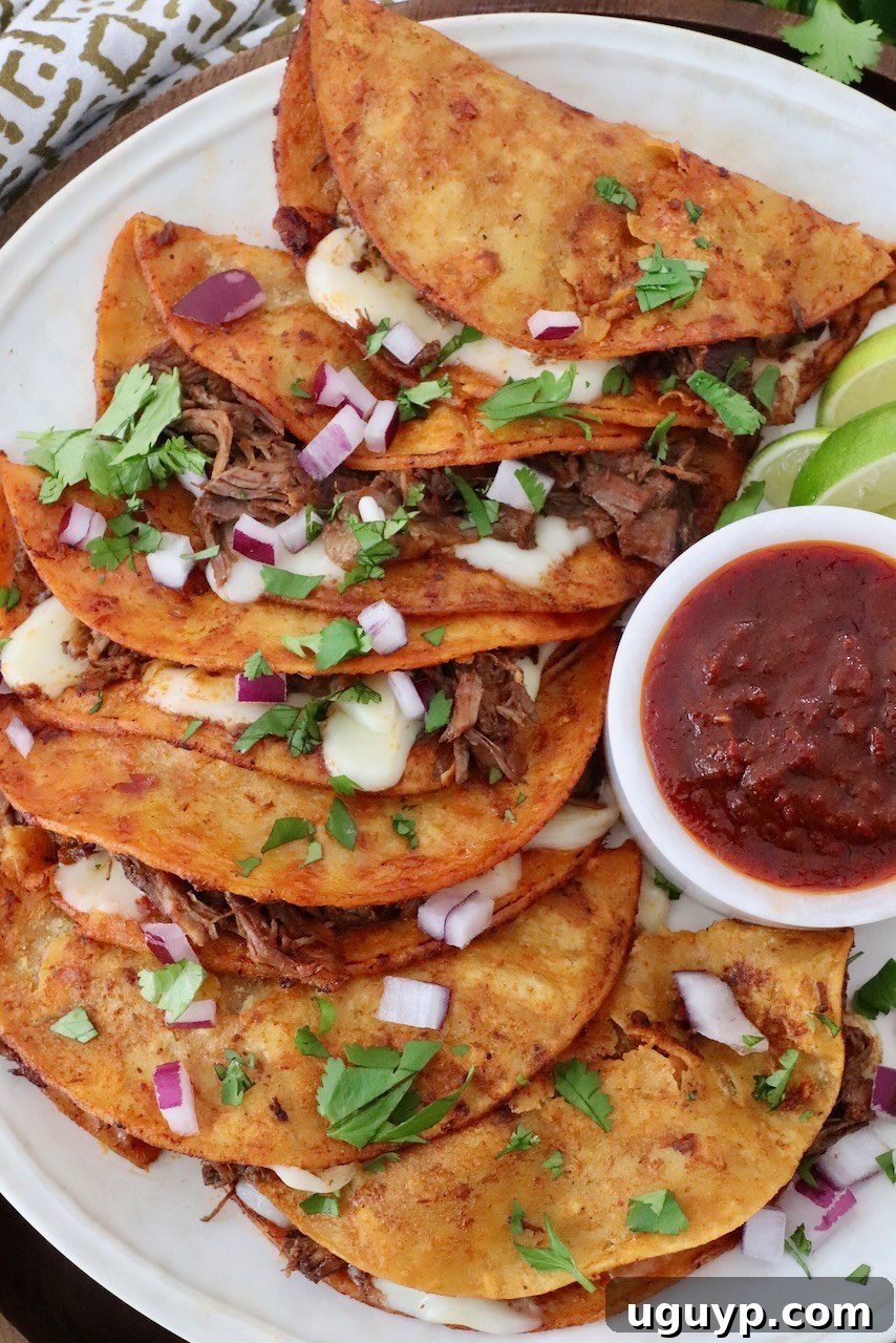 Several quesabirria tacos on a plate, garnished with chopped cilantro and diced onions, with a small bowl of consomé for dipping.