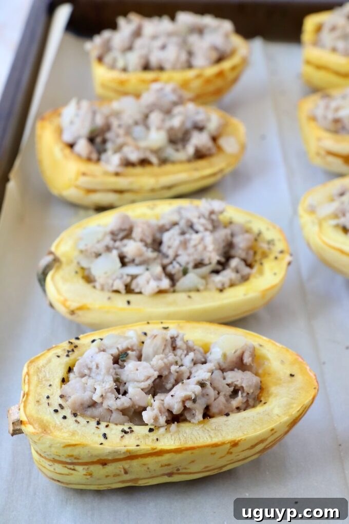Two halves of golden-roasted delicata squash, now tender and ready, generously filled with the savory, cooked chicken sausage mixture, awaiting the final topping.