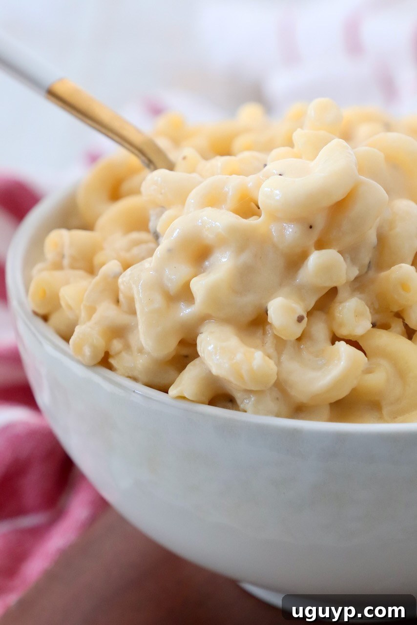 A deep bowl of homemade mac and cheese, perfectly creamy and golden, with a spoon nestled invitingly in the center.