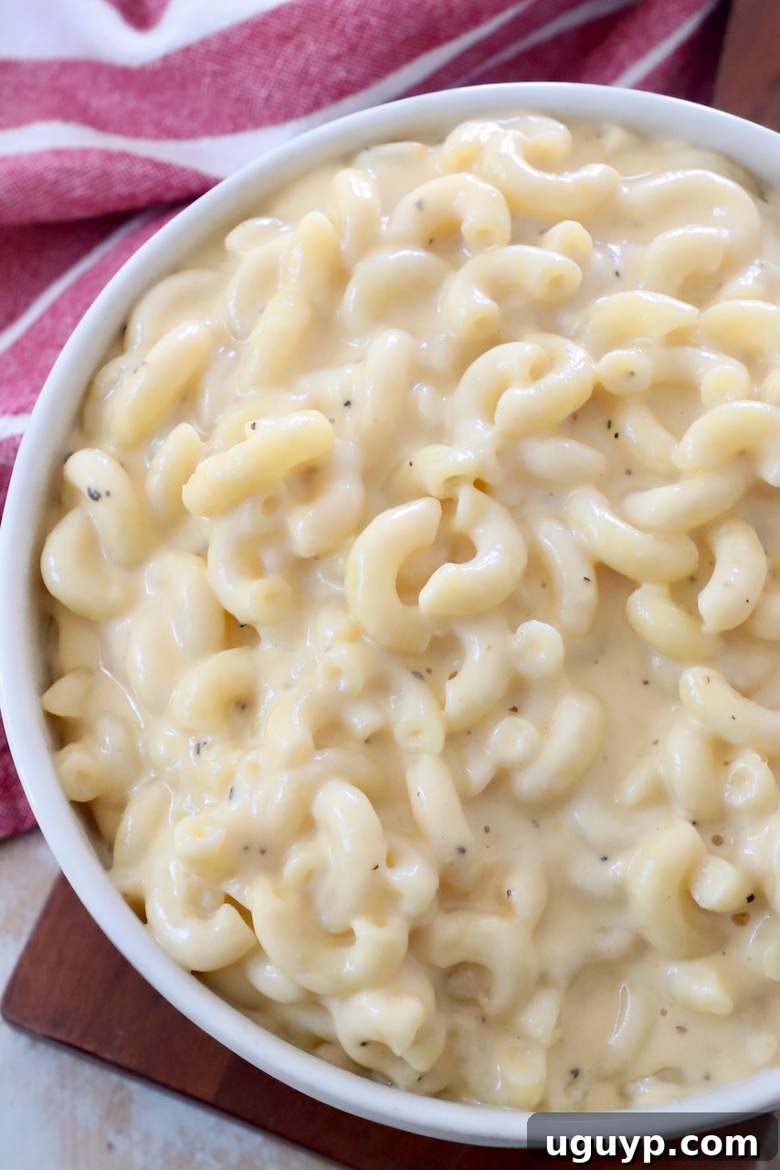 A serving of creamy, golden mac and cheese in a white bowl, capturing its rich texture and inviting warmth.