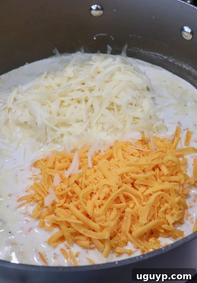 Shredded Swiss and cheddar cheese being added to a large pot of simmering, creamy sauce, ready to be melted into a smooth consistency.