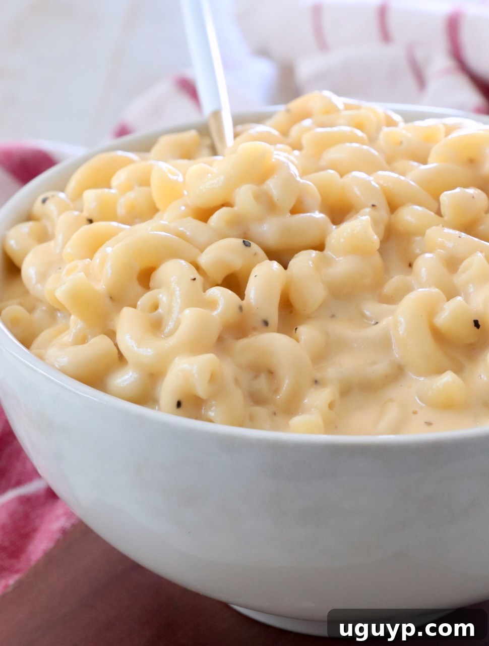 A close-up shot of a bowl of macaroni and cheese with a fork, emphasizing the creamy texture and melted cheese.
