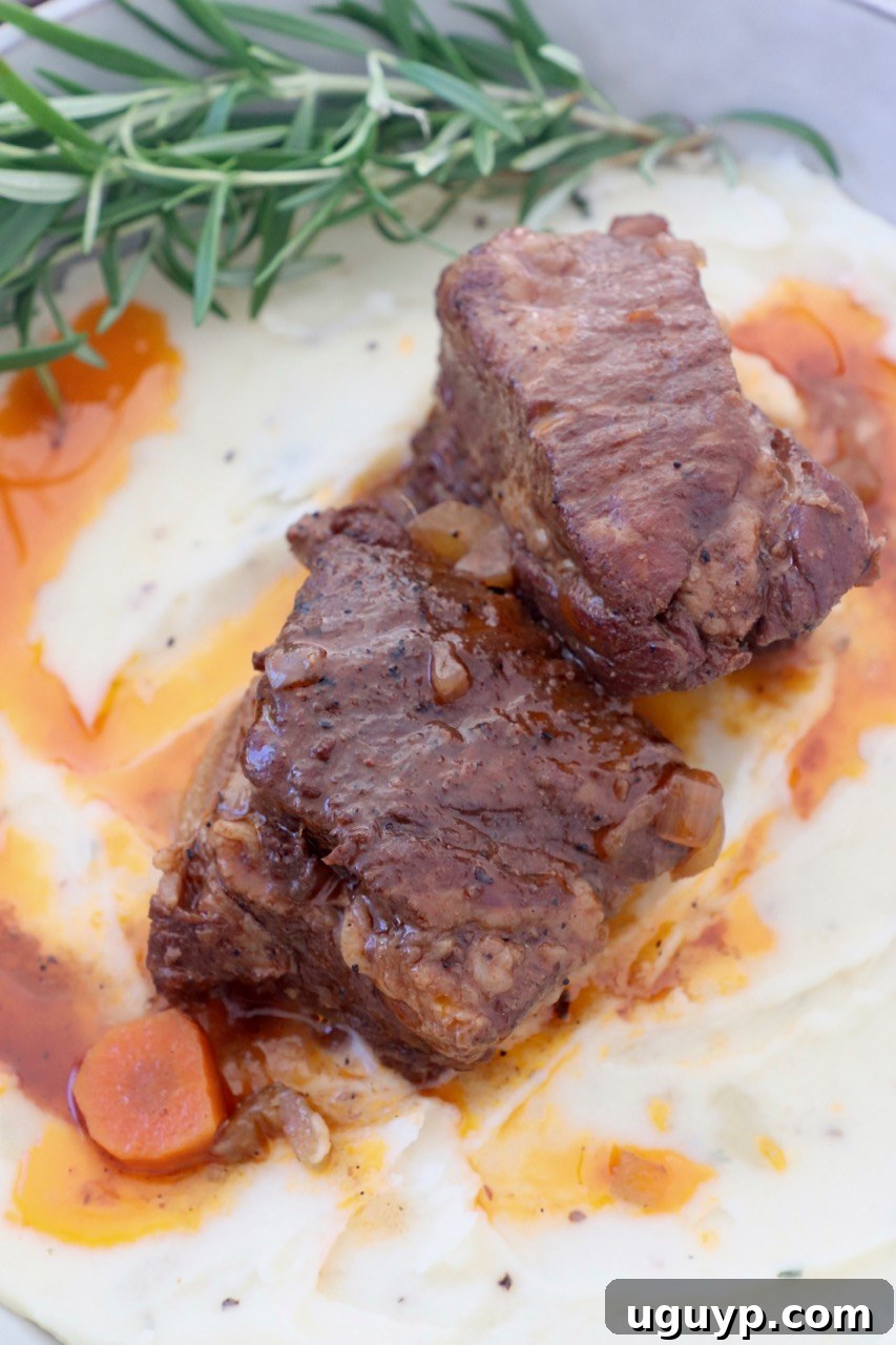 Tender Guinness Braised Short Ribs served over creamy mashed potatoes with fresh rosemary garnish.