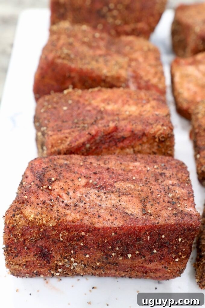 Beef short ribs generously coated with a savory spice rub, ready for searing.
