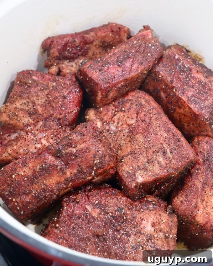 Seasoned short ribs searing in a hot Dutch oven on the stovetop, developing a rich brown crust.