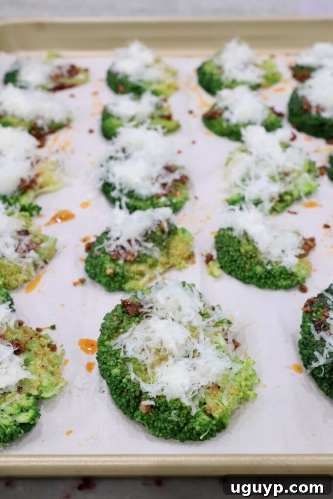Smashed and seasoned broccoli florets topped with grated Parmesan cheese on a baking sheet, ready for the oven