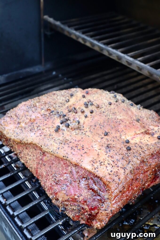 Close-up of the peppercorn rub being applied to the New York Strip Roast.