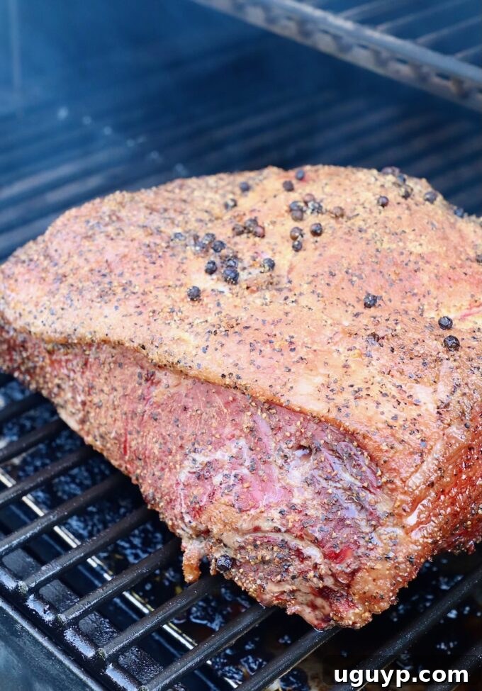 Seasoned strip roast cooking on a smoker grate.