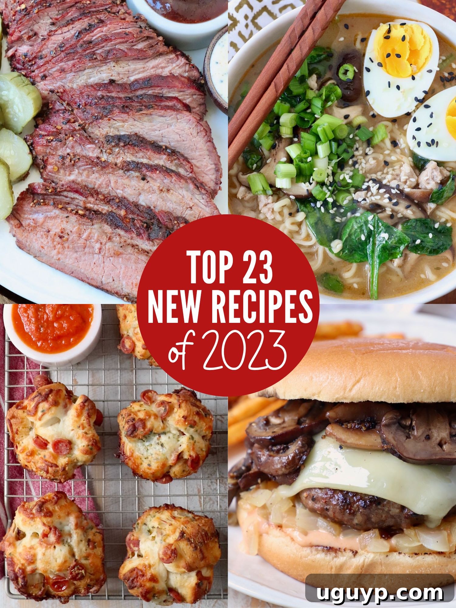 A vibrant collage showcasing popular recipes from WhitneyBond.com, including a perfectly sliced smoked tri-tip, a comforting bowl of ramen soup, cheesy pizza rolls, and a mouth-watering burger.