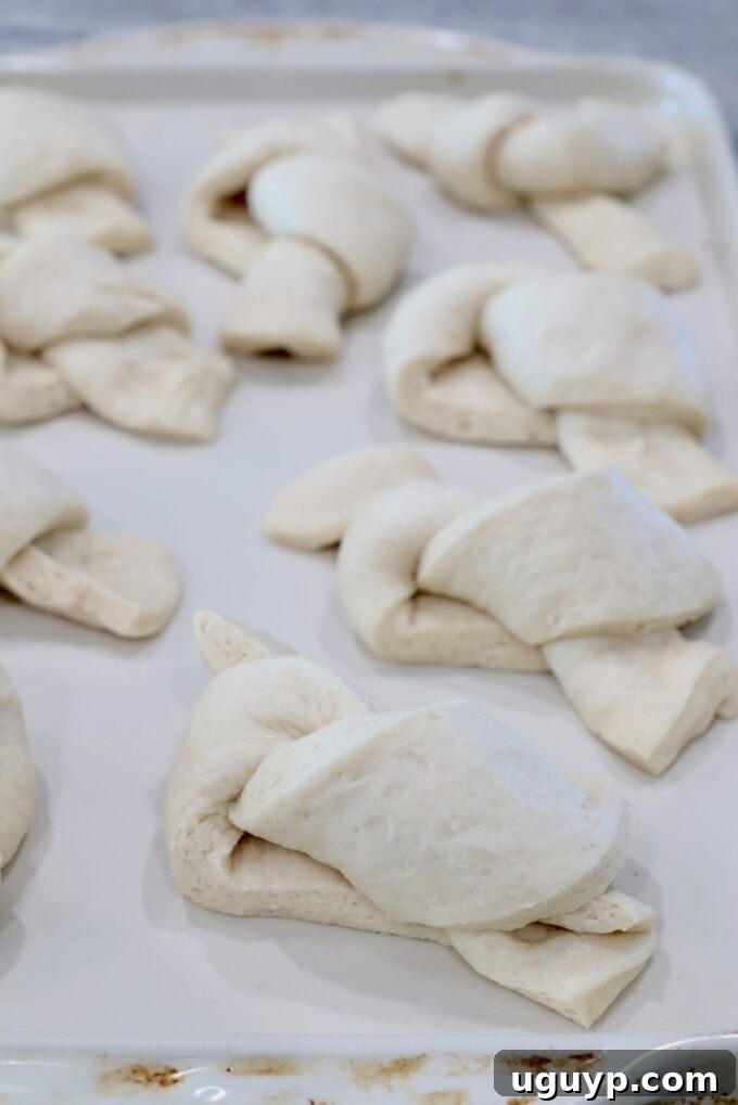 Uncooked garlic knots, neatly tied, arranged on a baking sheet lined with parchment paper.