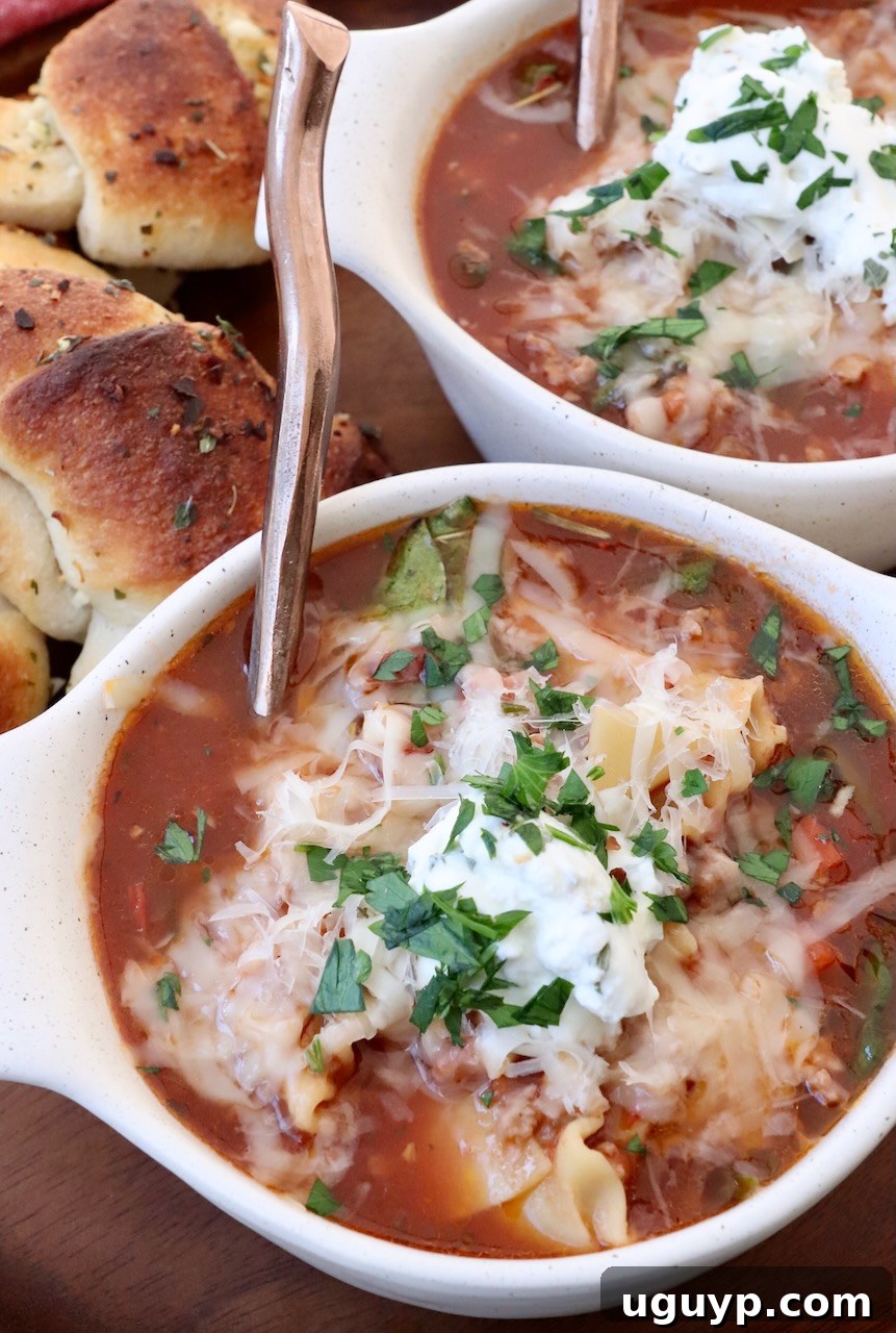 Two bowls of homemade lasagna soup garnished with cheese and parsley, with spoons resting in them.