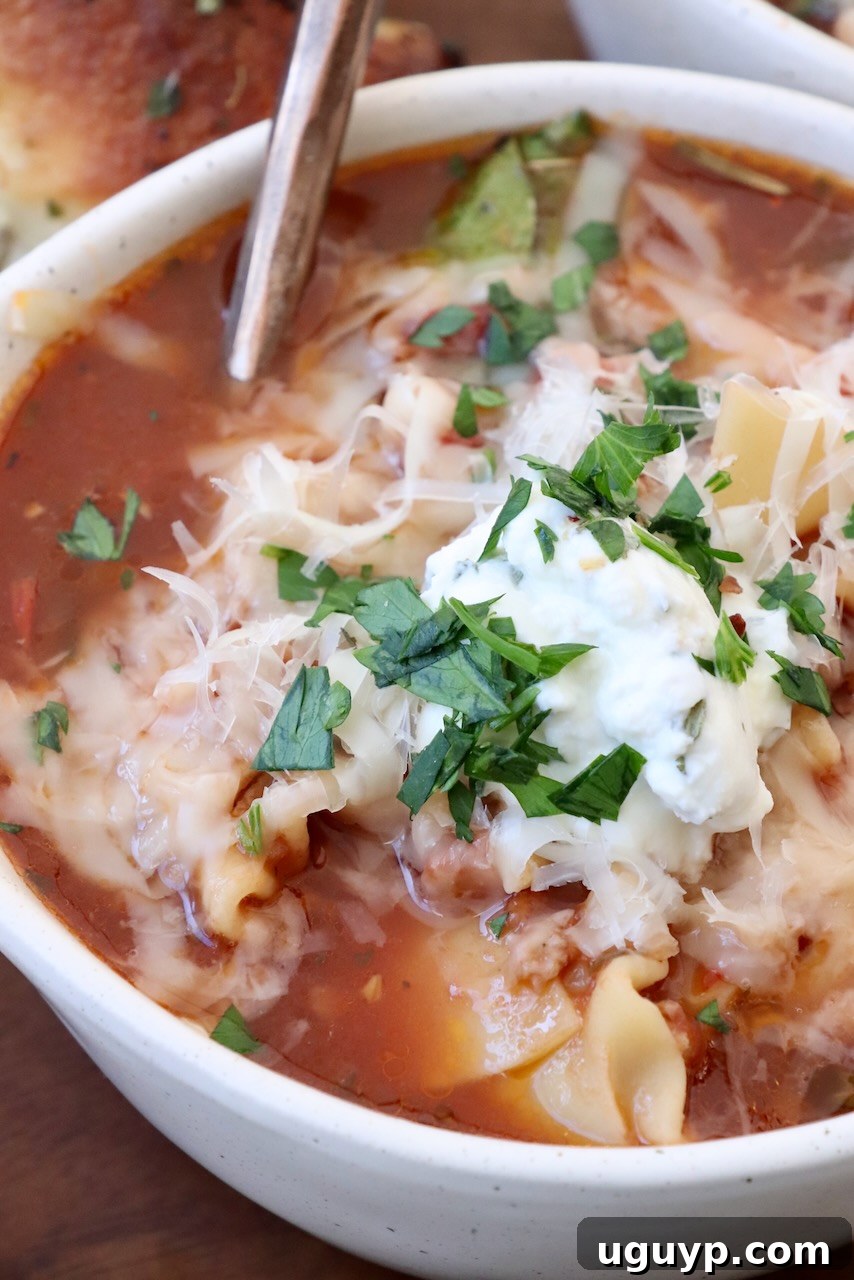 Close-up of lasagna soup topped with a dollop of ricotta cheese, shredded mozzarella, and grated parmesan, in a rustic bowl.