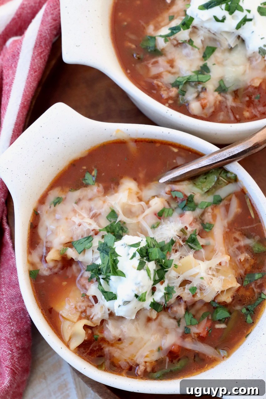 A bowl of lasagna soup with a spoon, showing the rich tomato base, noodles, and melted cheese on top.