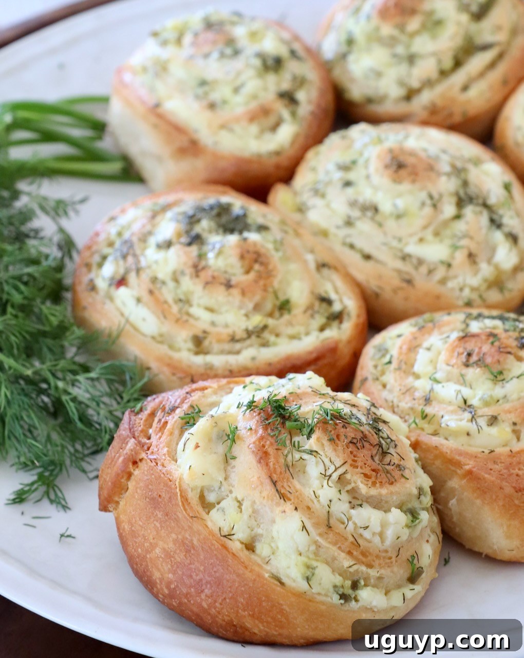 Creamy pickle crescent rolls on a plate with fresh dill garnish, ready to serve as an appetizer.