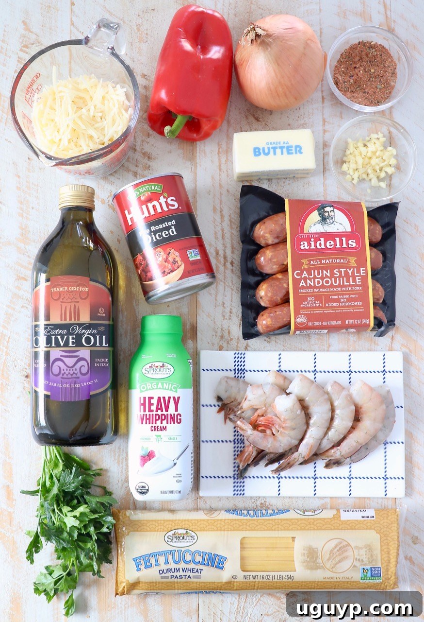 Ingredients for Cajun Shrimp Pasta laid out