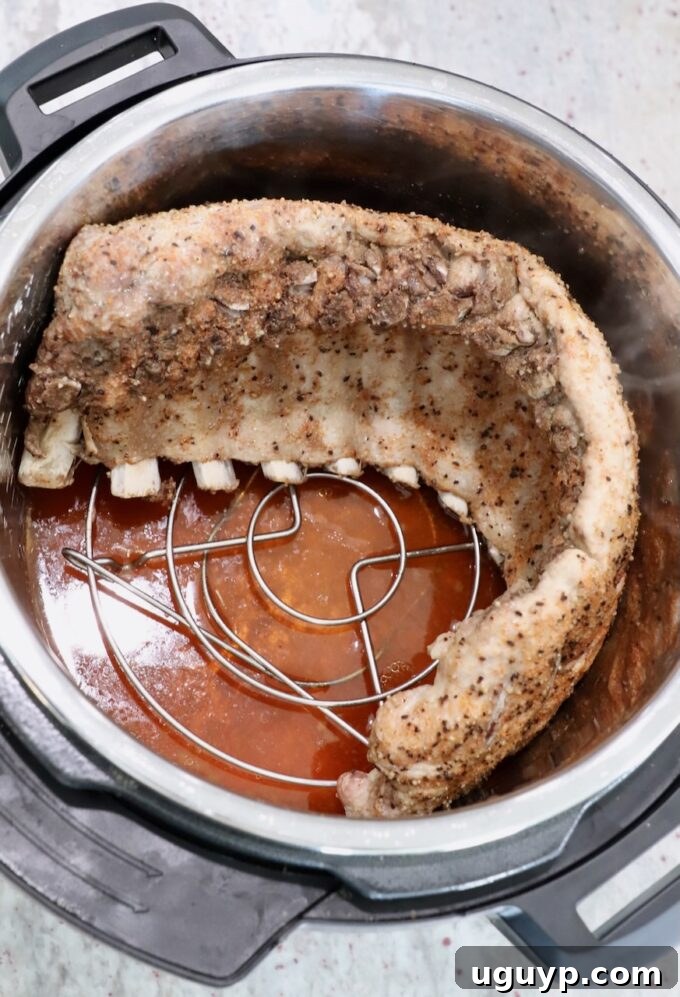 Cooked rack of baby back ribs inside the Instant Pot after pressure cooking, looking tender.
