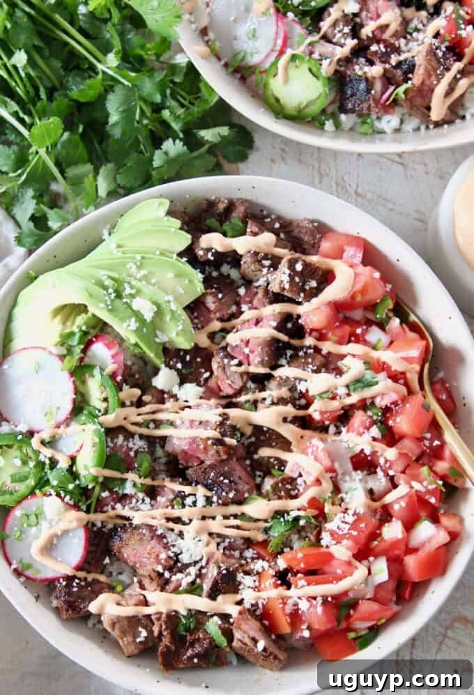 carne asada bowl generously drizzled with chipotle crema on top