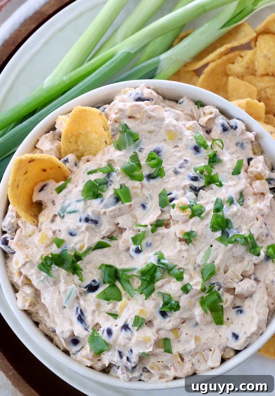 southwest dip in bowl with corn chips dipped into the dip