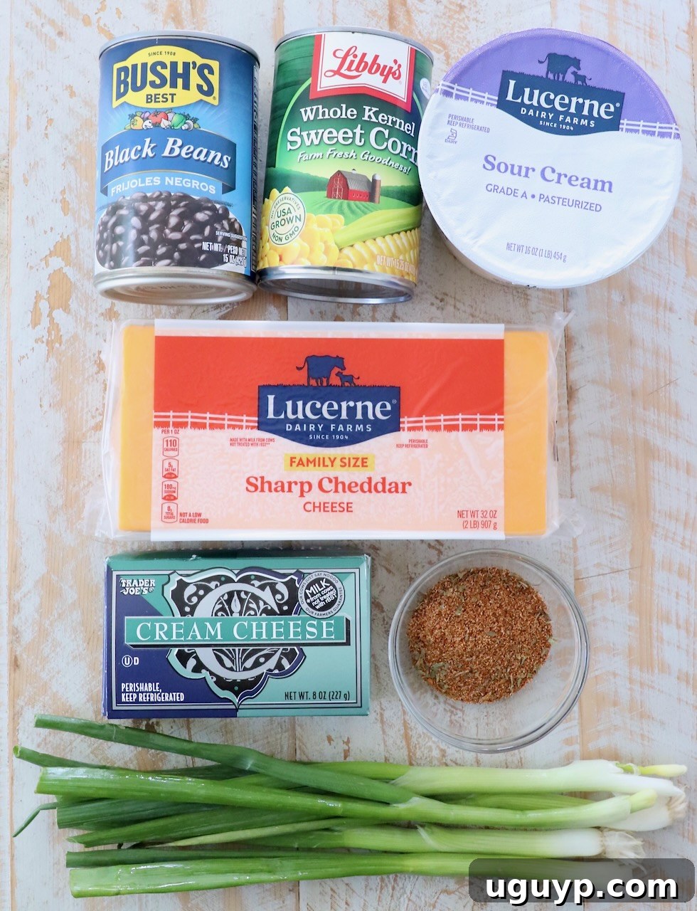 ingredients for southwest dip on white wood board