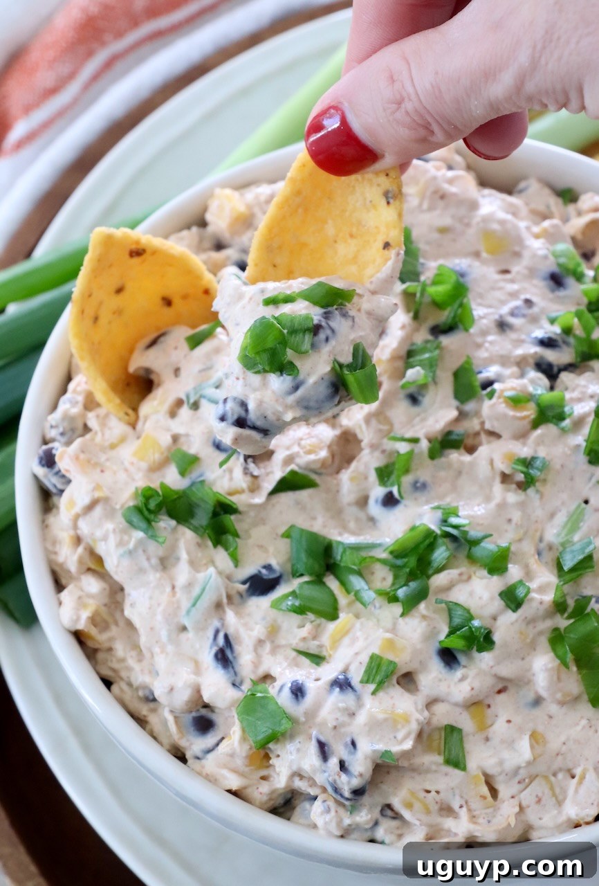 hand dipping corn chip into southwest dip in a bowl