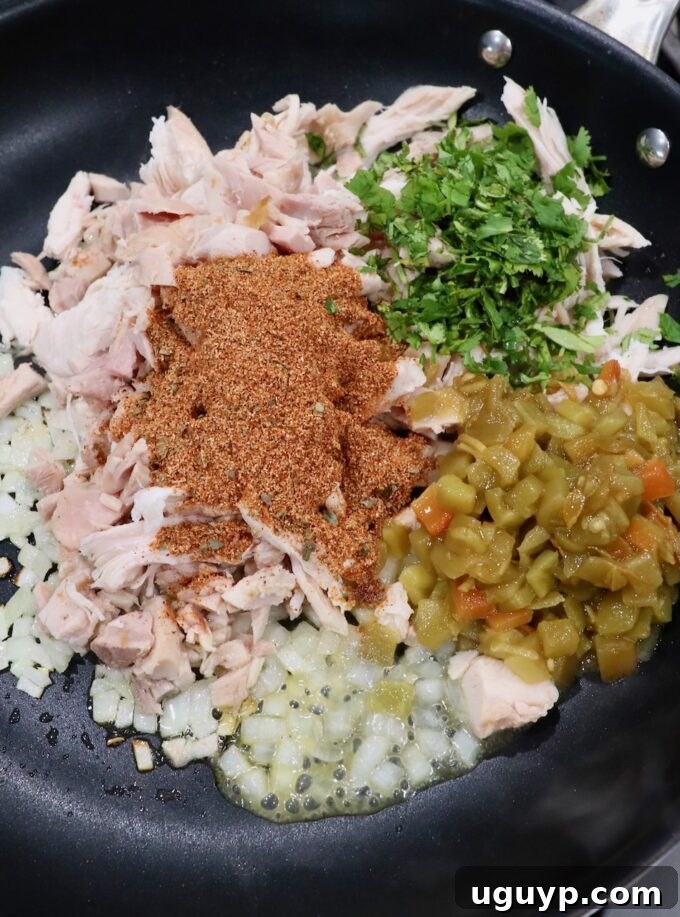 shredded chicken with diced onions, spices, cilantro and green chiles in a skillet
