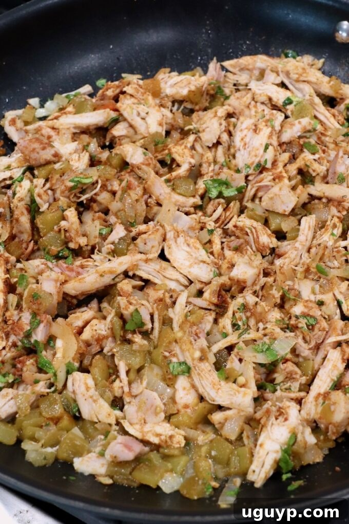 seasoned shredded chicken in a skillet