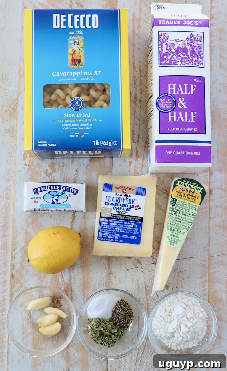 ingredients for creamy cavatappi on white wood board