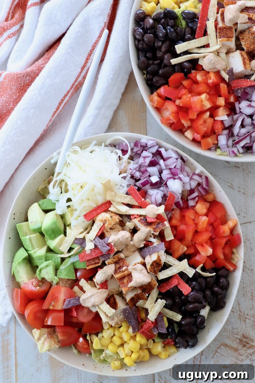A vibrant Southwest Salad in a bowl, topped with diced grilled chicken, black beans, corn, avocado, and tomatoes, drizzled with dressing.