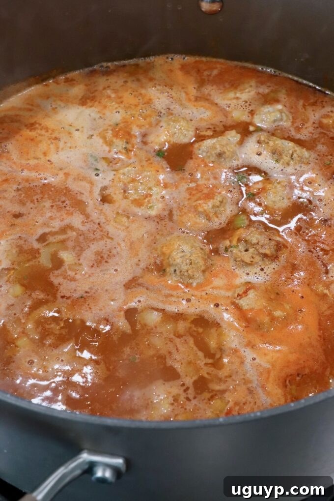 Buffalo chicken meatballs and pasta simmering in the chicken broth in a large pot.