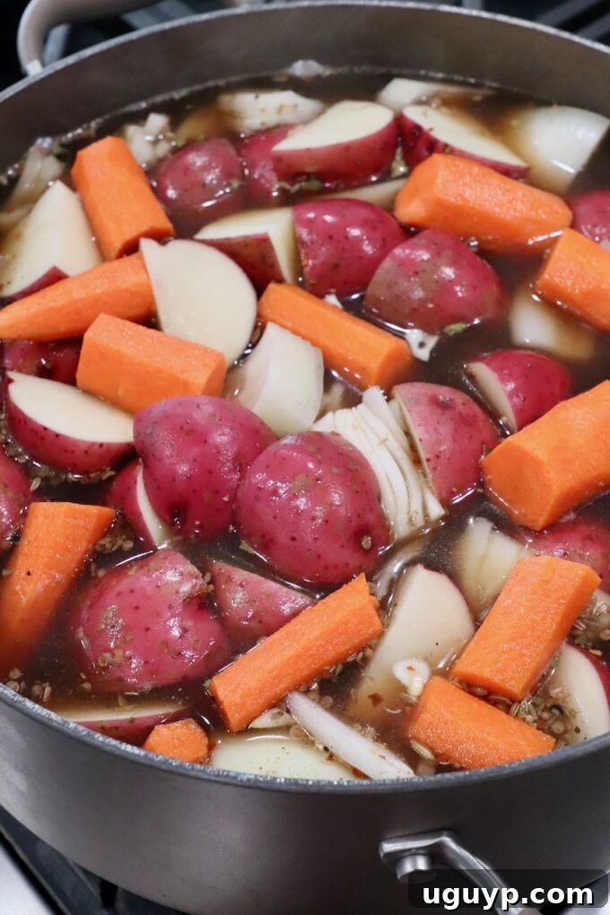 carrots, onions and red potatoes in beef broth in dutch oven