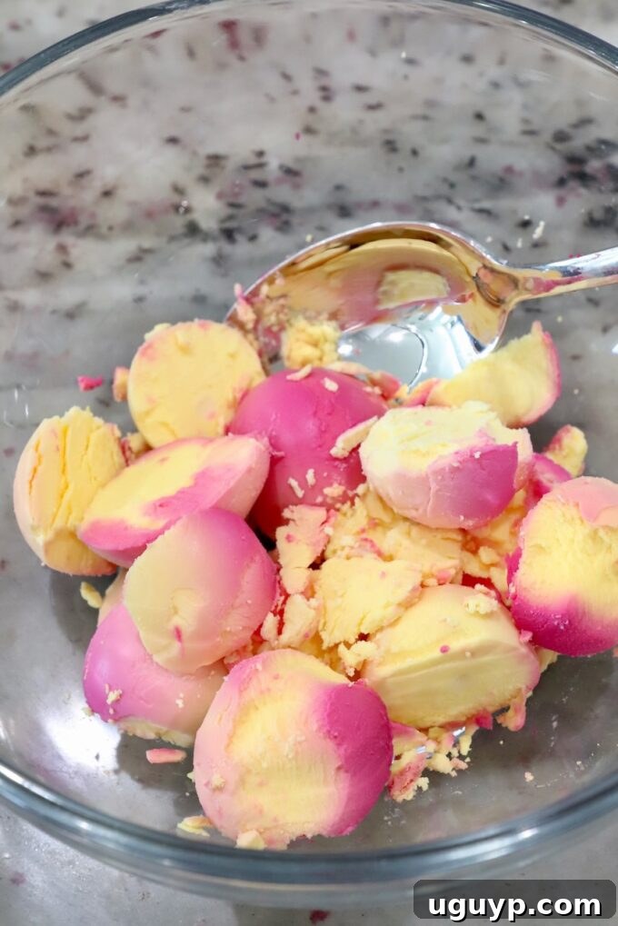 The vibrant yellow yolks from beet-pickled hard boiled eggs in a glass bowl, ready to be mashed