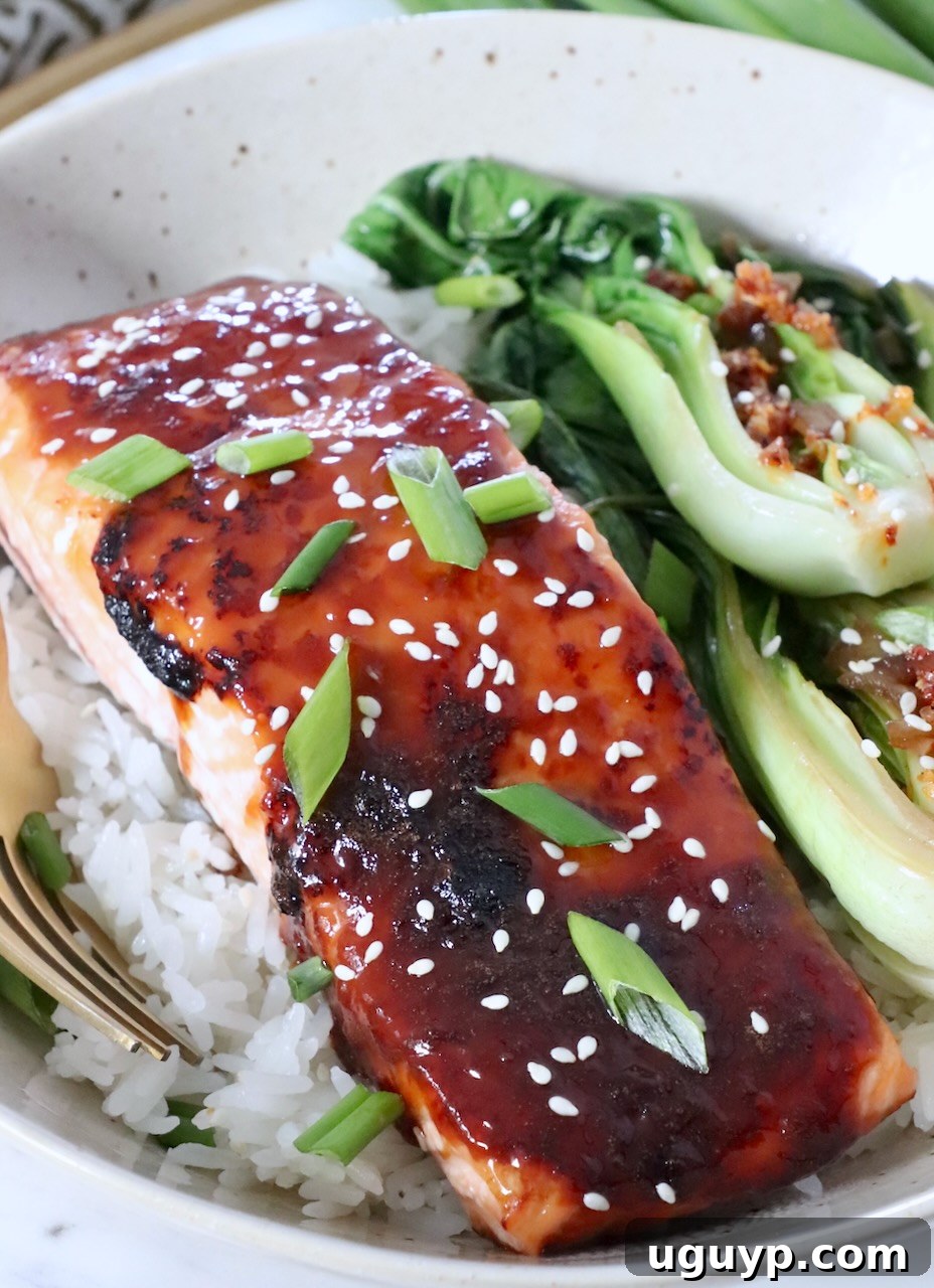 miso glazed salmon filet in bowl with white rice and bok choy