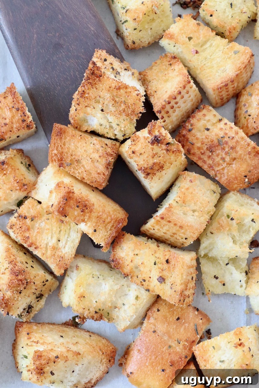 Homemade croutons freshly baked, golden and crispy, on a baking sheet with a spatula, indicating they are ready to be removed.