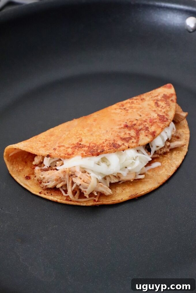 tortilla folded over chicken and cheese in skillet