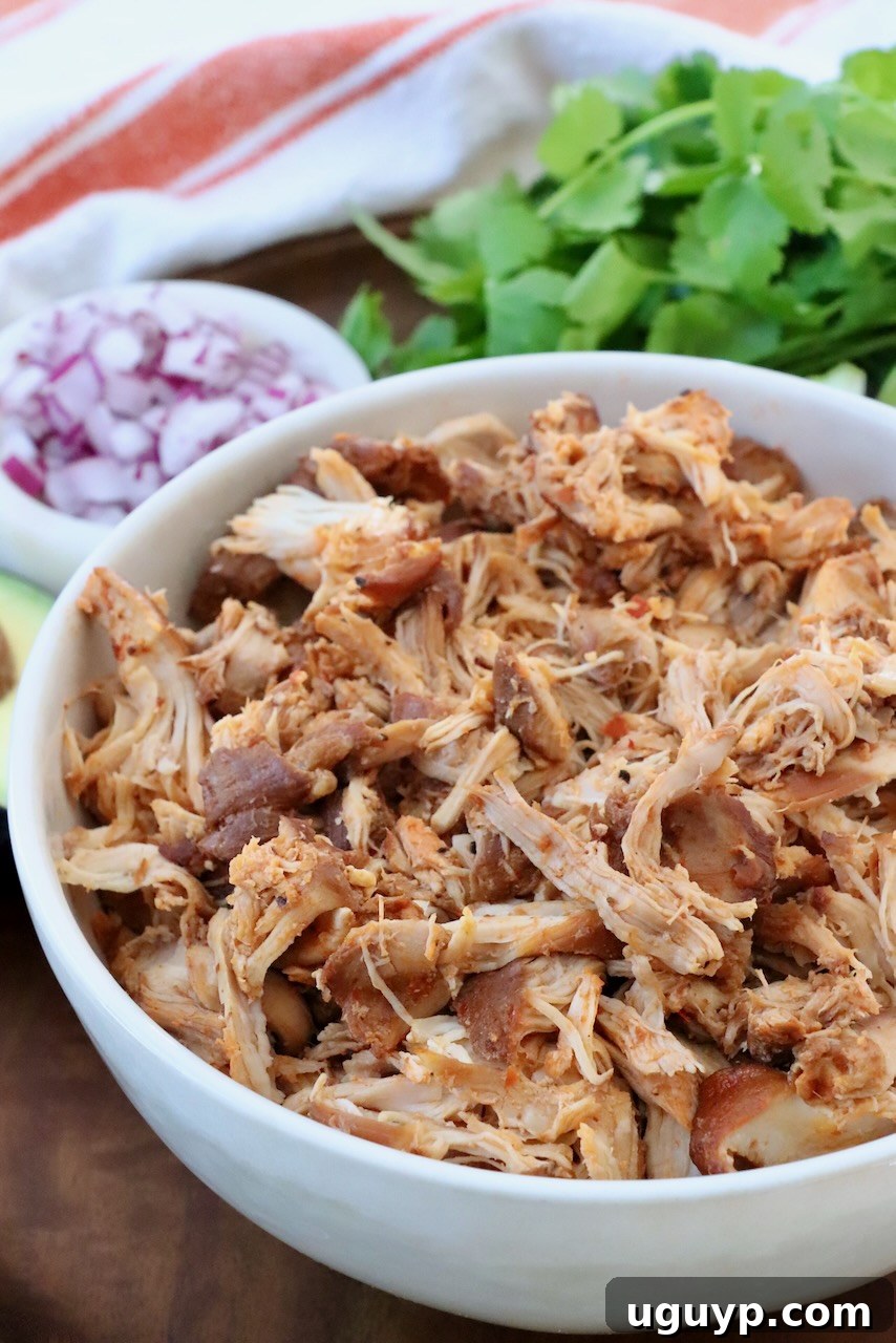 shredded, cooked chicken in bowl